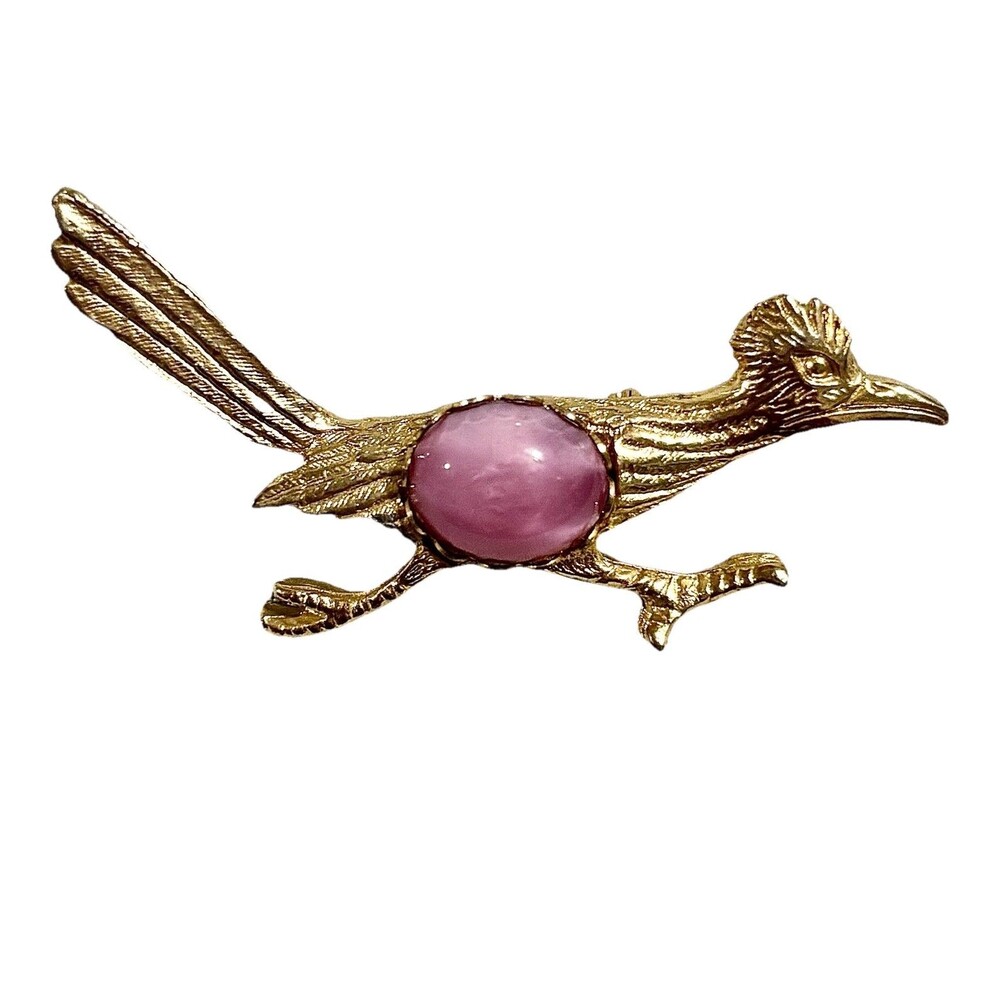 Vintage Roadrunner Bird Brooch Pin Gold Tone Pink Cabochon Figural Southwestern